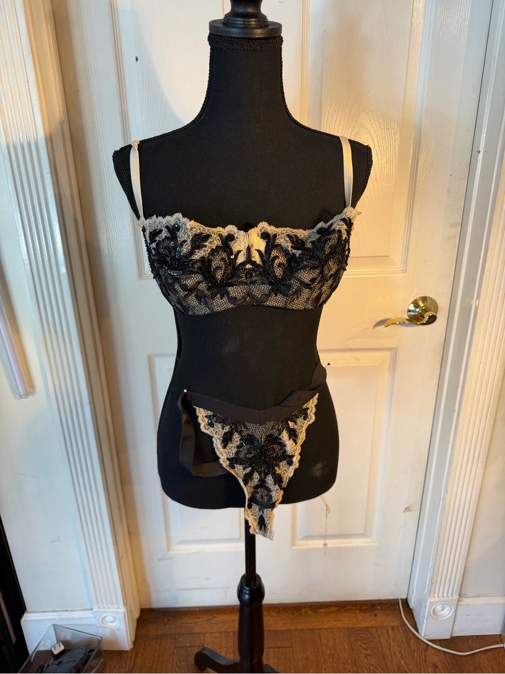 VINTAGE VS Lace Embroidered Bralette & Thong Set - Black and Cream